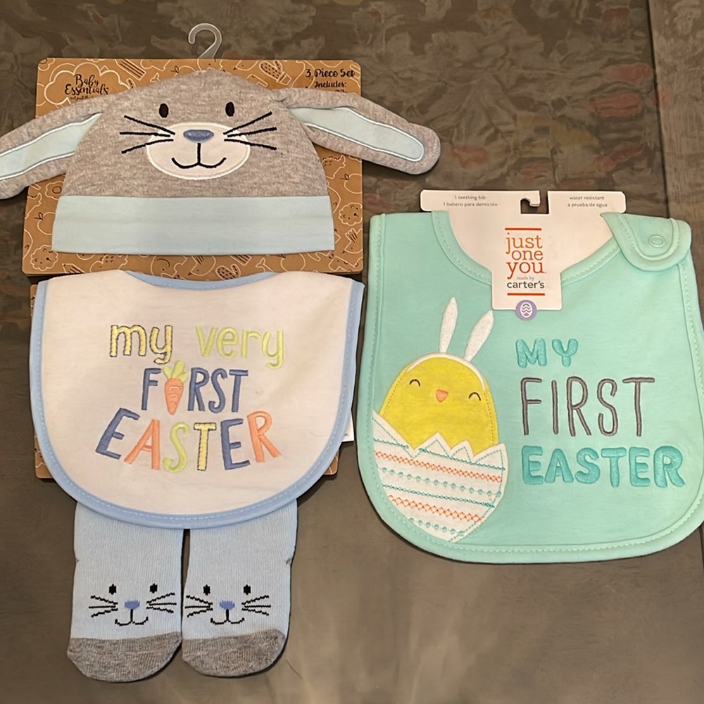 NWT Baby Essentials Easter Hat, Bib and Booties Set and Carters Easter Bib